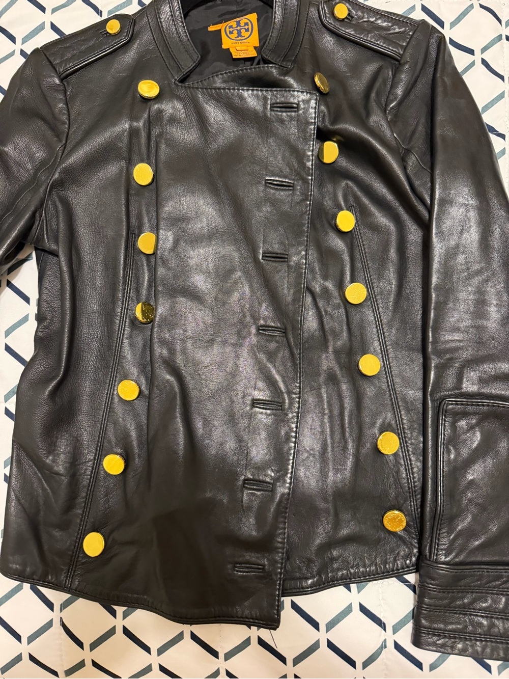 Tory Burch Black Leather Military Jacket with Yellow Button Accents